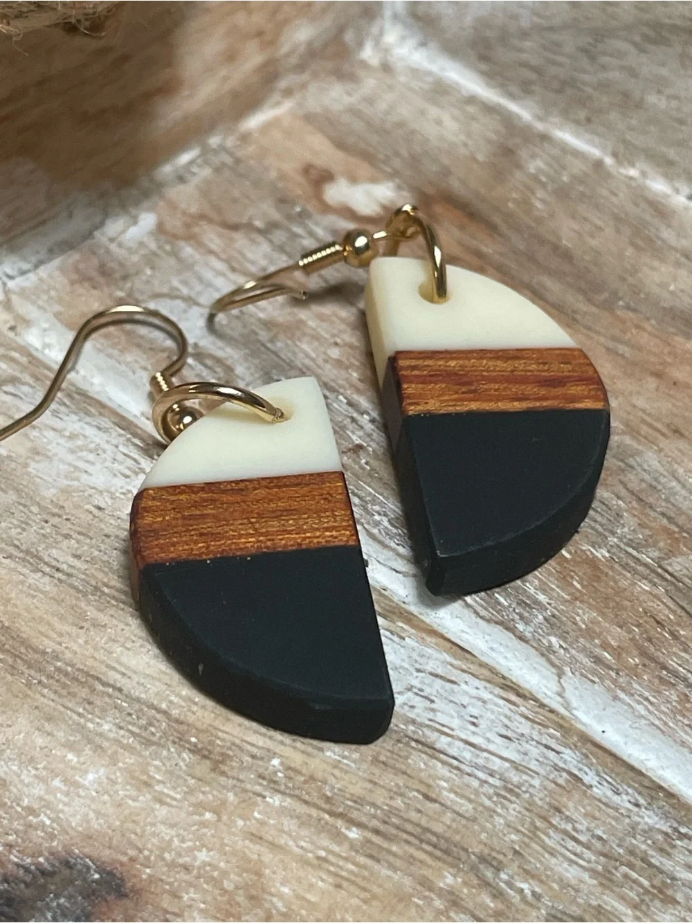 Handmade Half-Moon Tri-Tone Drop Earrings in Black, Cream & Wood - Women Jewelry